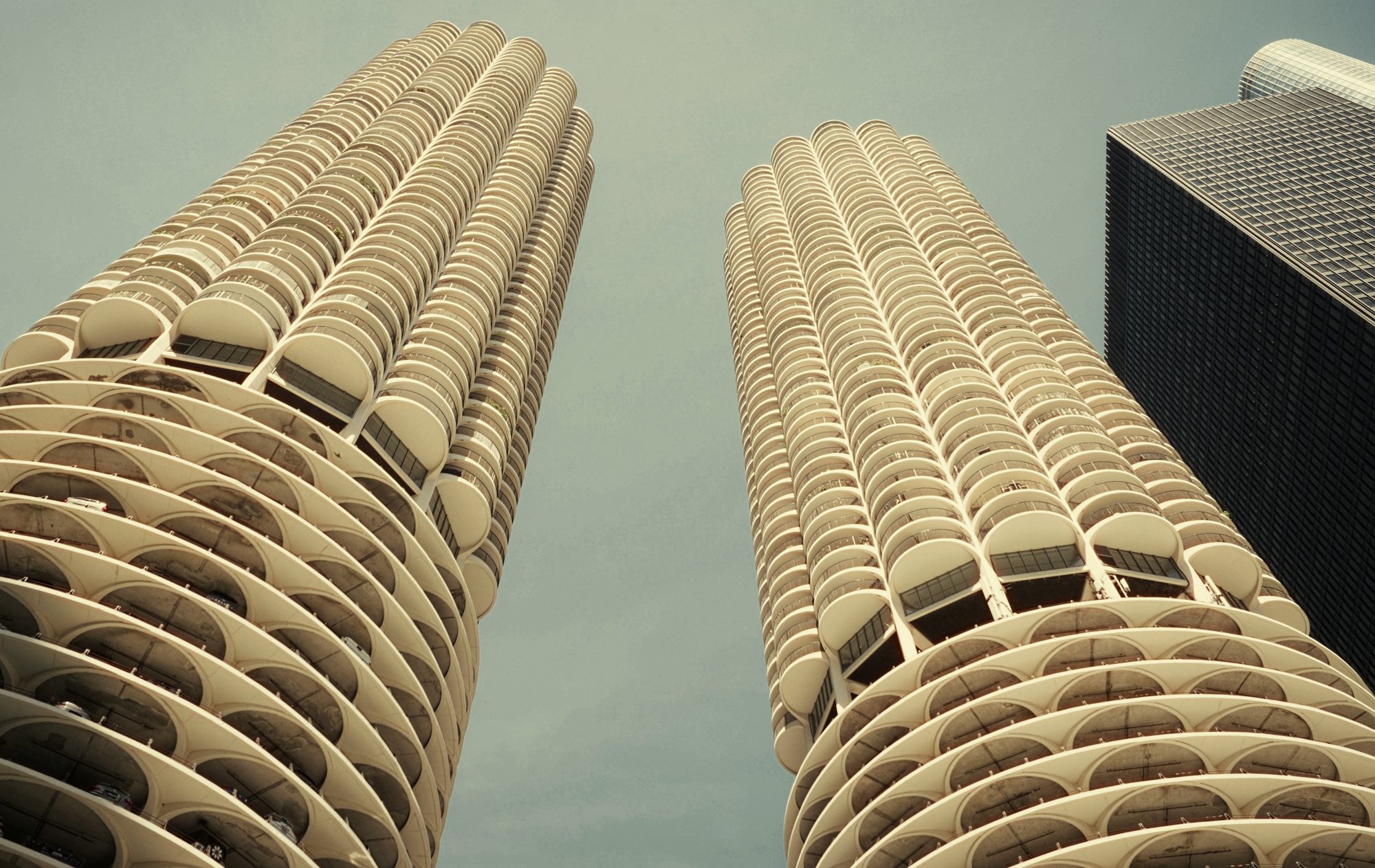 Marina City towers against the sky
